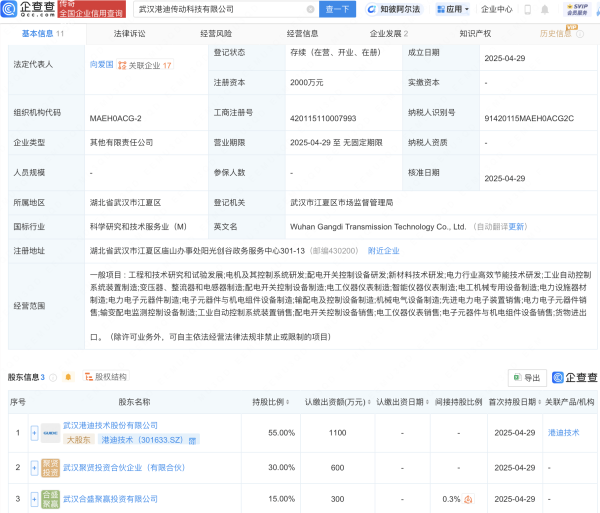 赢翻网配资  港迪技术等新设传动科技公司