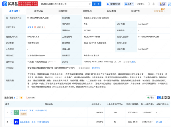 御龙优配  新石器无人车等于南通成立科技公司